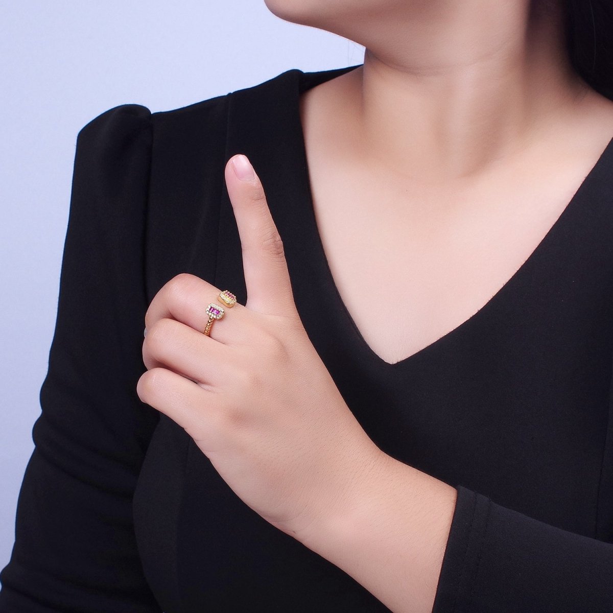 24K Gold Filled Beaded Micro Paved Double Bar Clear Fuchsia Green Baguette Cubic Zirconia Ring | O-135 O-191 O-211