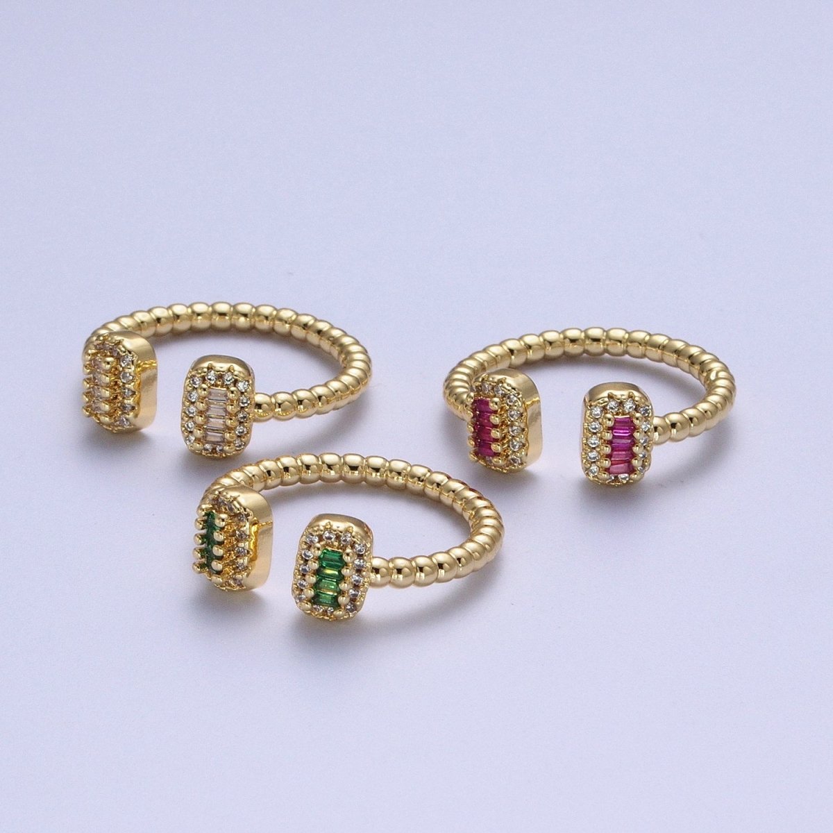 24K Gold Filled Beaded Micro Paved Double Bar Clear Fuchsia Green Baguette Cubic Zirconia Ring | O-135 O-191 O-211