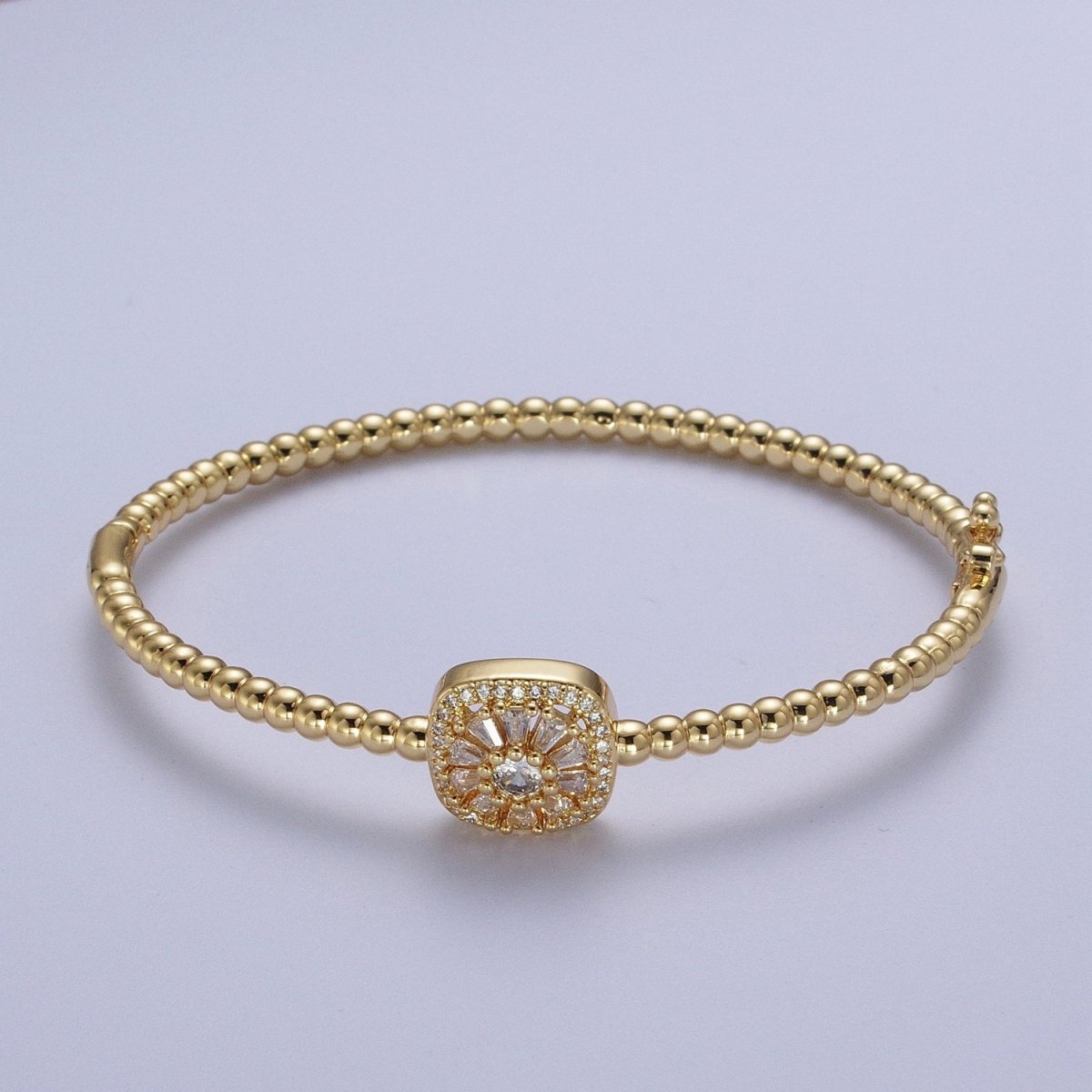 24K Gold Filled Beaded Micro Paved Round Baguette Green, Clear, Fuchsia CZ Link Bangle Bracelet | WA-1173 WA-1174 WA-1175 Clearance Pricing