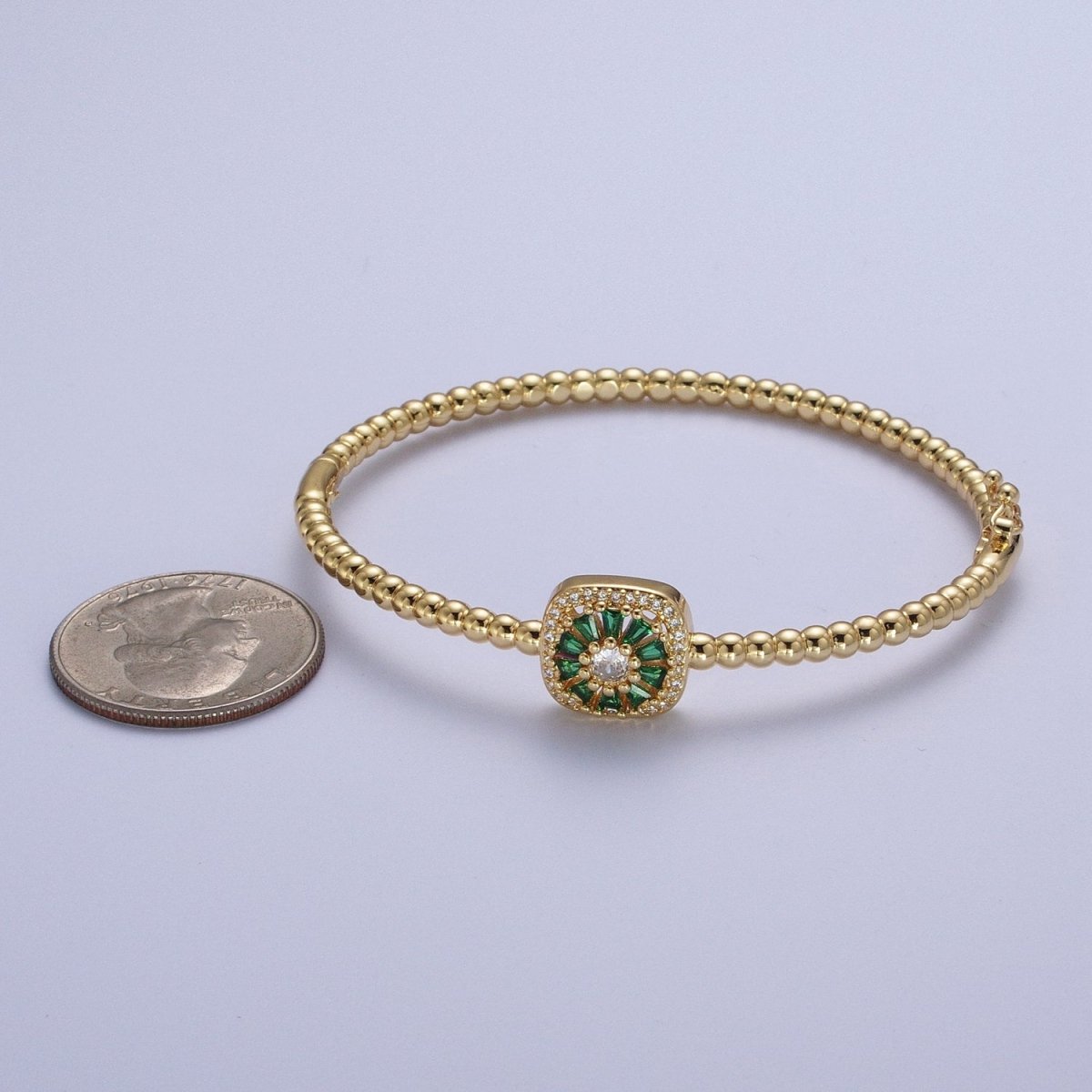 24K Gold Filled Beaded Micro Paved Round Baguette Green, Clear, Fuchsia CZ Link Bangle Bracelet | WA-1173 WA-1174 WA-1175 Clearance Pricing