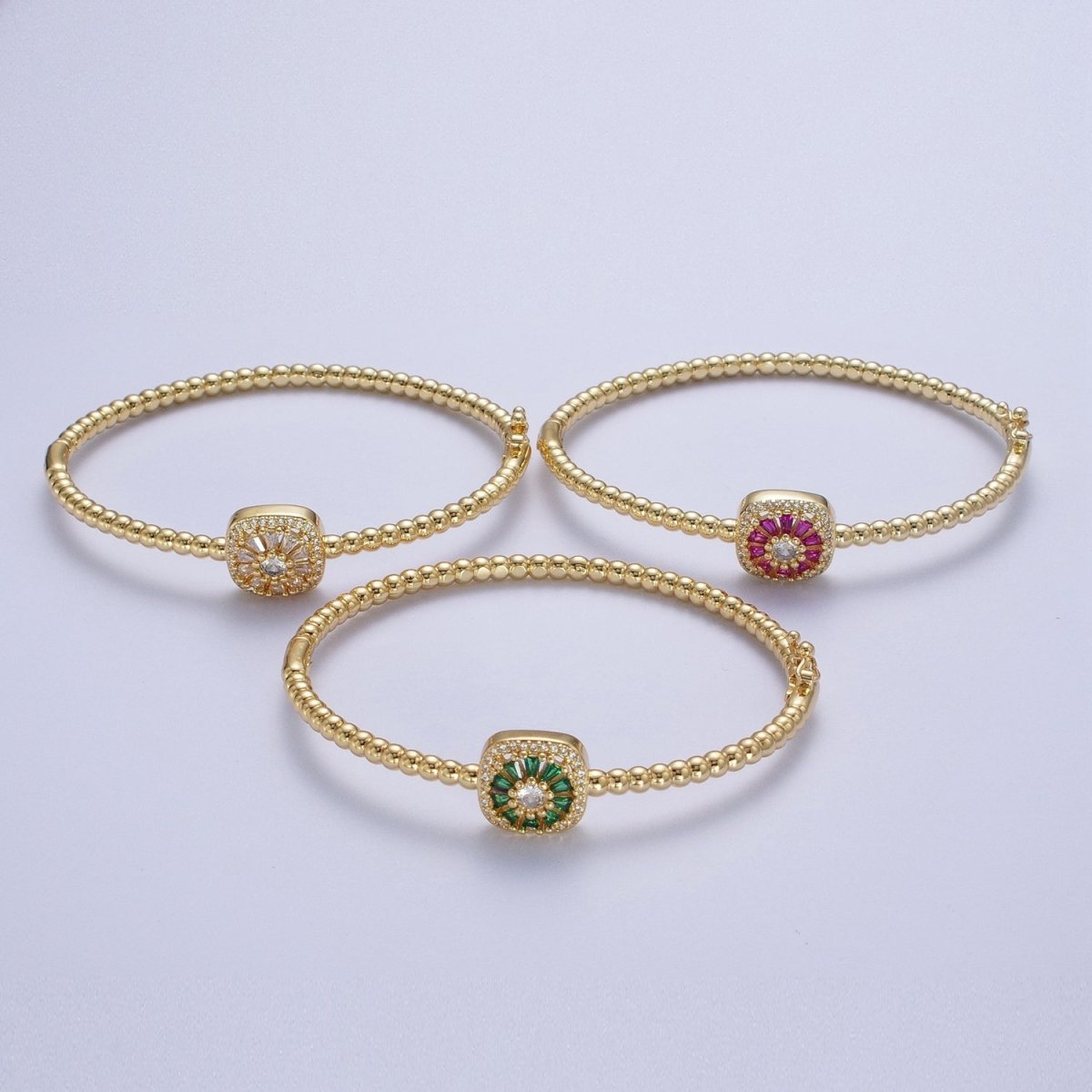 24K Gold Filled Beaded Micro Paved Round Baguette Green, Clear, Fuchsia CZ Link Bangle Bracelet | WA-1173 WA-1174 WA-1175 Clearance Pricing