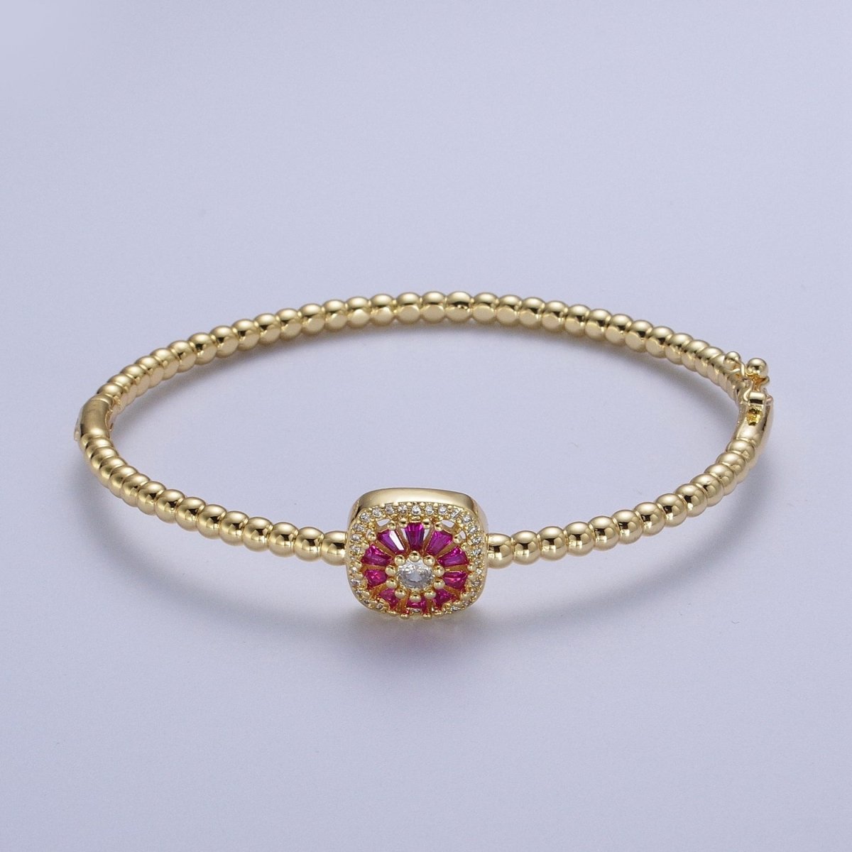 24K Gold Filled Beaded Micro Paved Round Baguette Green, Clear, Fuchsia CZ Link Bangle Bracelet | WA-1173 WA-1174 WA-1175 Clearance Pricing