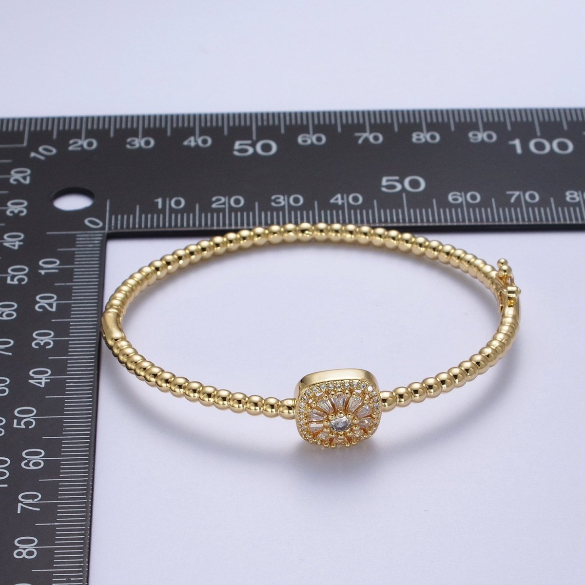 24K Gold Filled Beaded Micro Paved Round Baguette Green, Clear, Fuchsia CZ Link Bangle Bracelet | WA-1173 WA-1174 WA-1175 Clearance Pricing