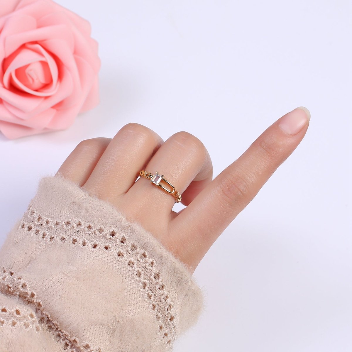 24K Gold Filled Belt Buckle Ring in Gold & Silver, Minimalist Cable Link Chain Ring with CZ Crystal Cubic Zirconia  S-341 S-342