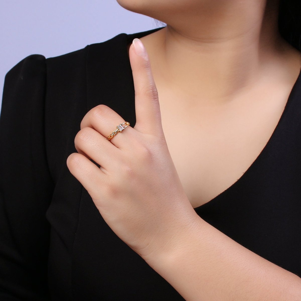 24K Gold Filled Belt Buckle Ring in Gold & Silver, Minimalist Cable Link Chain Ring with CZ Crystal Cubic Zirconia  S-341 S-342