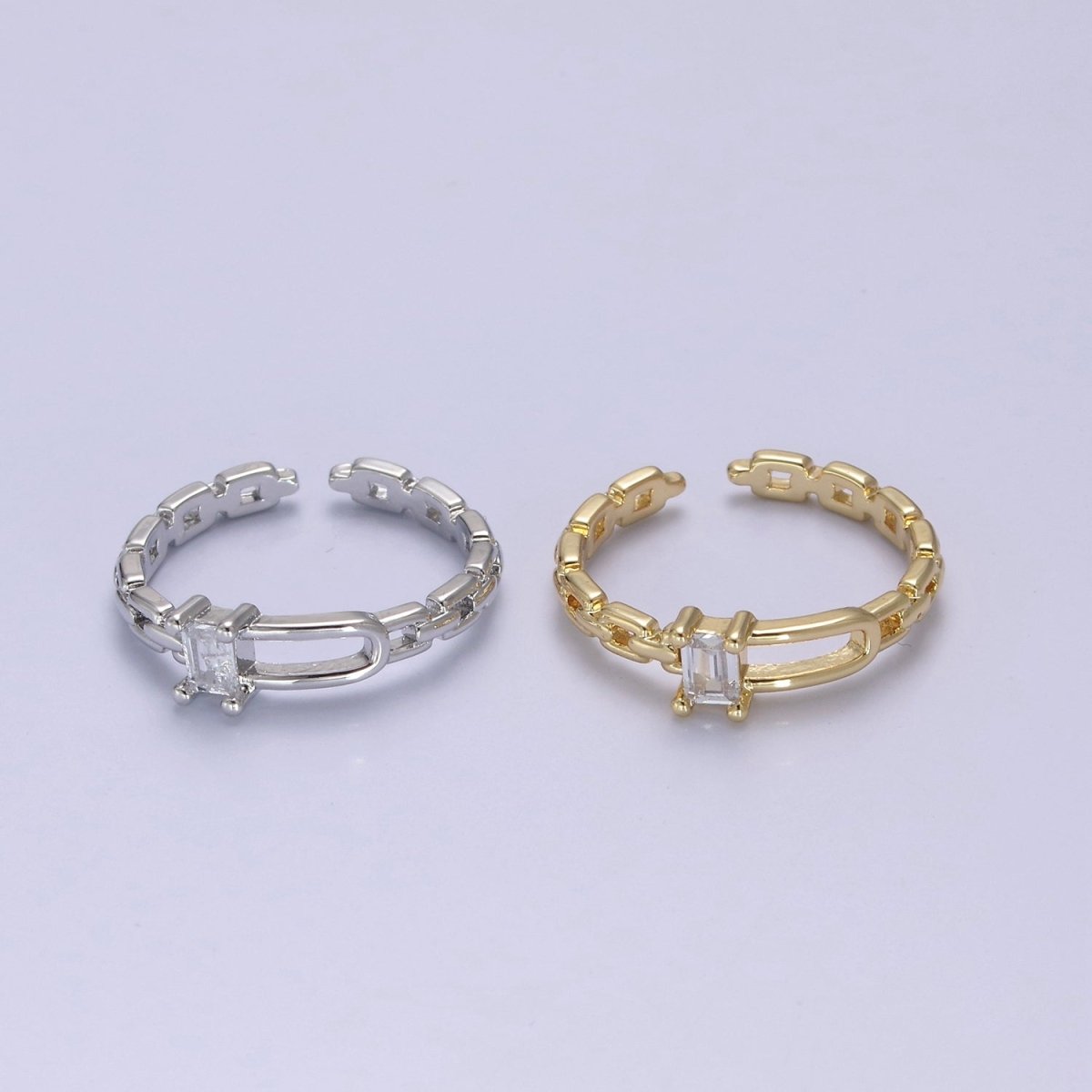 24K Gold Filled Belt Buckle Ring in Gold & Silver, Minimalist Cable Link Chain Ring with CZ Crystal Cubic Zirconia  S-341 S-342