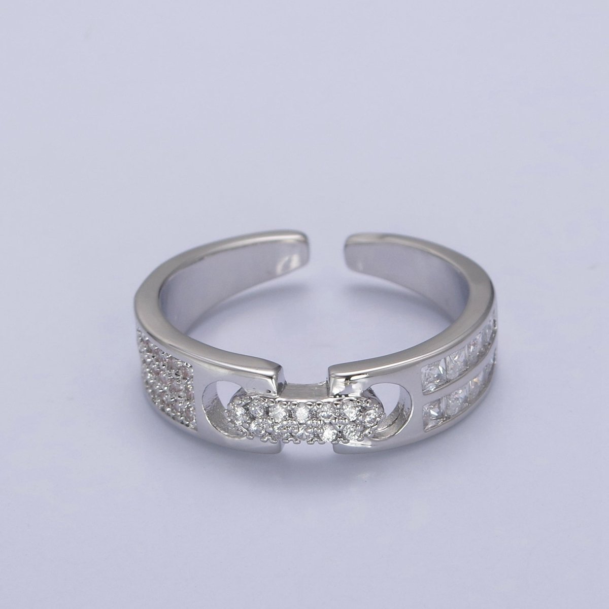 24K Gold Filled Belt Buckle Statement Ring, Micro Pave Crystal Zirconia CZ Adjustable Ring in Gold & Silver U-530 U-531