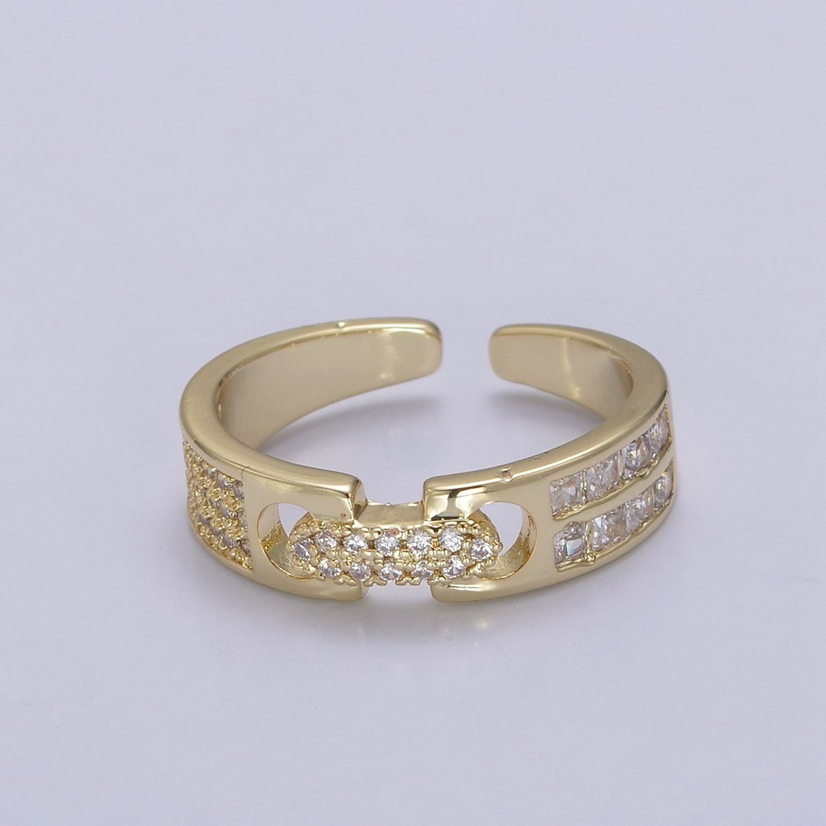 24K Gold Filled Belt Buckle Statement Ring, Micro Pave Crystal Zirconia CZ Adjustable Ring in Gold & Silver U-530 U-531