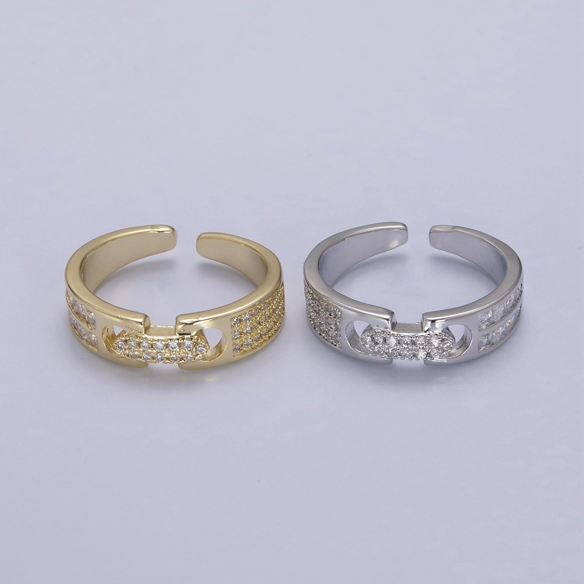 24K Gold Filled Belt Buckle Statement Ring, Micro Pave Crystal Zirconia CZ Adjustable Ring in Gold & Silver U-530 U-531