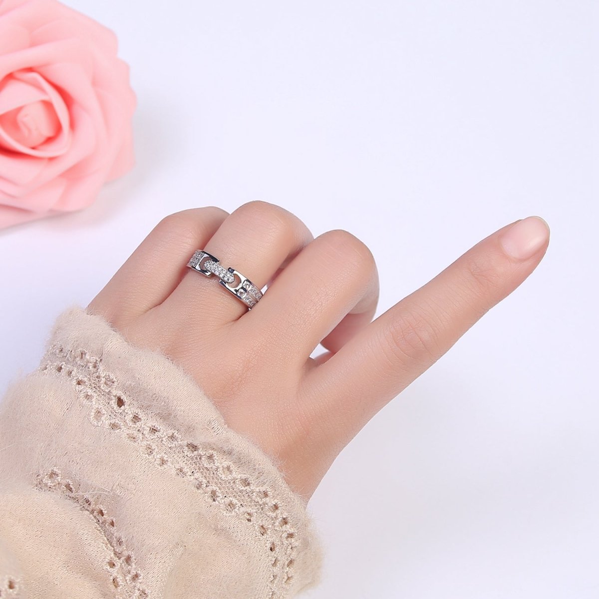 24K Gold Filled Belt Buckle Statement Ring, Micro Pave Crystal Zirconia CZ Adjustable Ring in Gold & Silver U-530 U-531