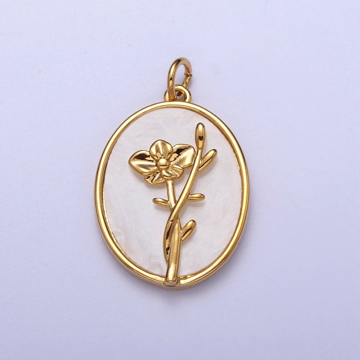 24K Gold Filled Birth Flower Personalized Oval Shell Pearl Charm | E-315, E-319, E-321