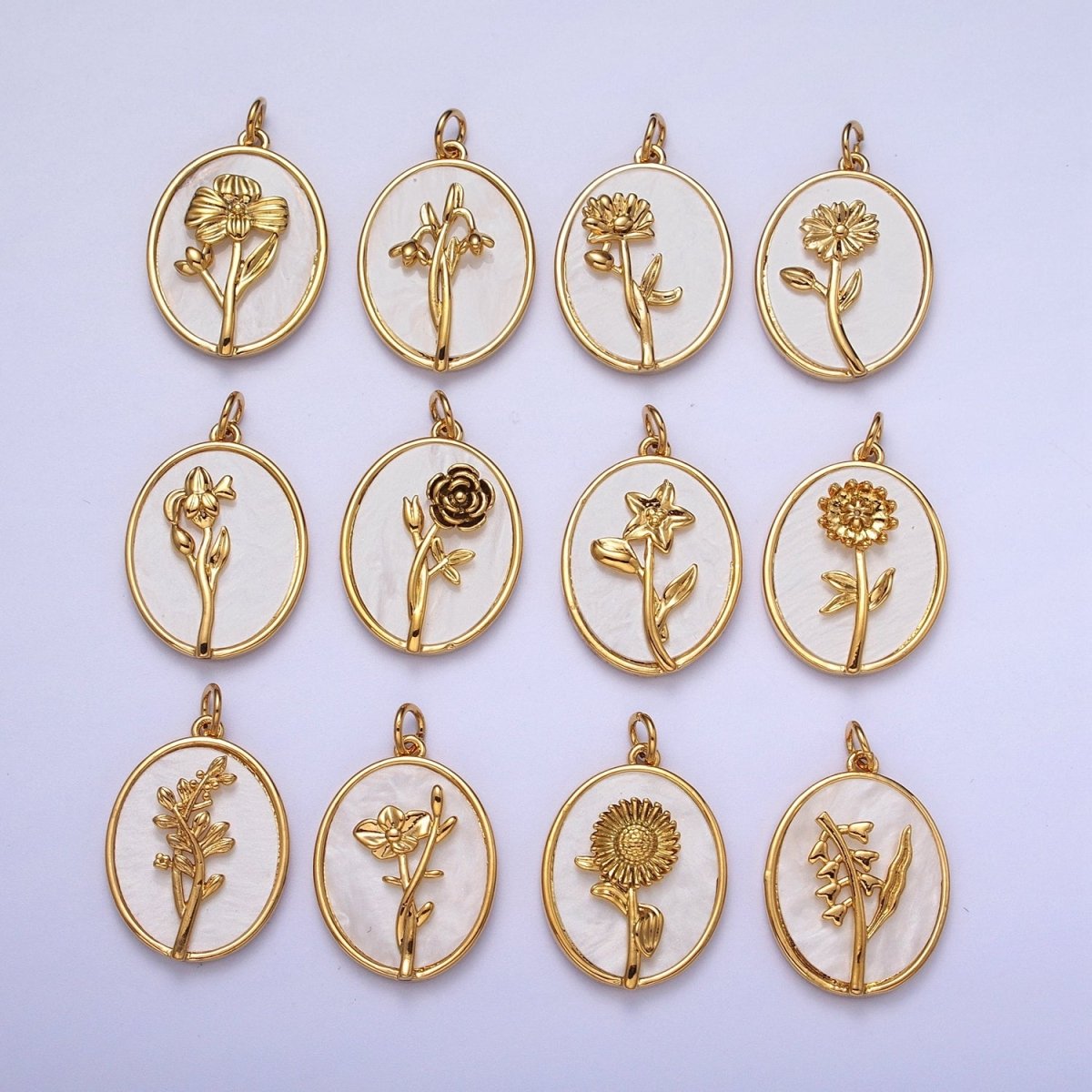 24K Gold Filled Birth Flower Personalized Oval Shell Pearl Charm | E-315, E-319, E-321