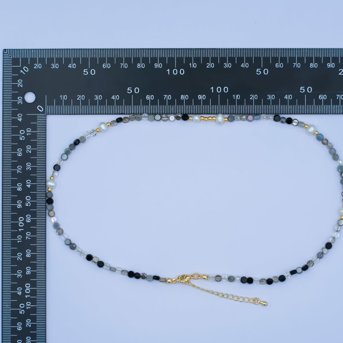 24K Gold Filled Black - and - White Flat Gemstone 17.5 Inch Necklace | WA - 2971 - DLUXCA