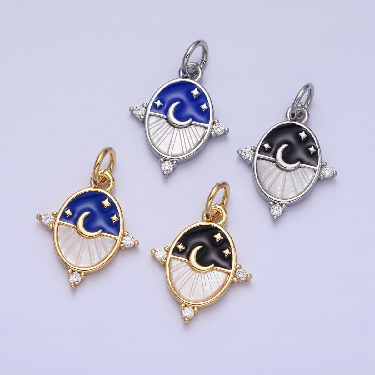 24K Gold Filled Black, Blue Enamel Shell Pearl Crescent Moon CZ Oval Celestial Charm in Silver & Gold | AC381 - AC384
