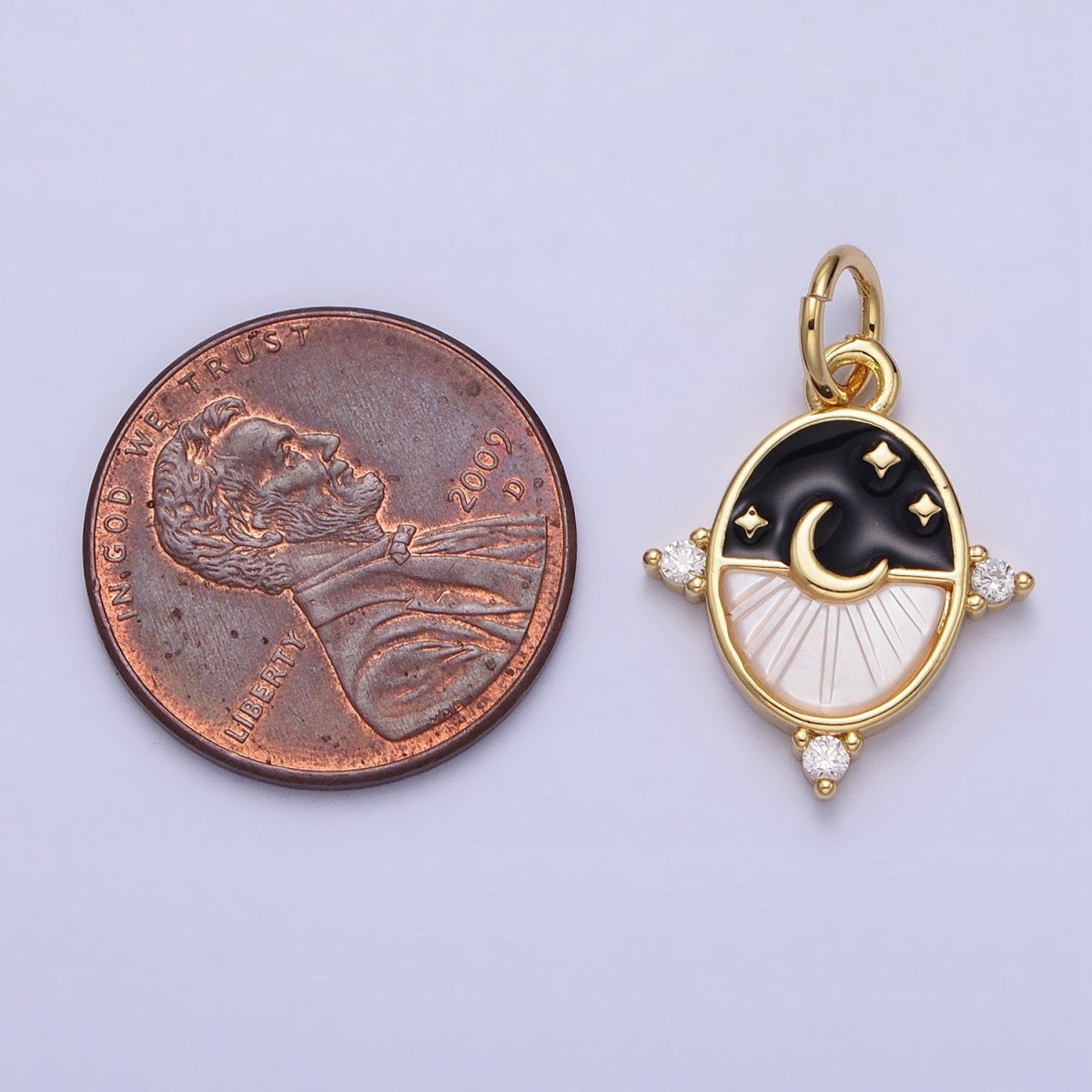 24K Gold Filled Black, Blue Enamel Shell Pearl Crescent Moon CZ Oval Celestial Charm in Silver & Gold | AC381 - AC384