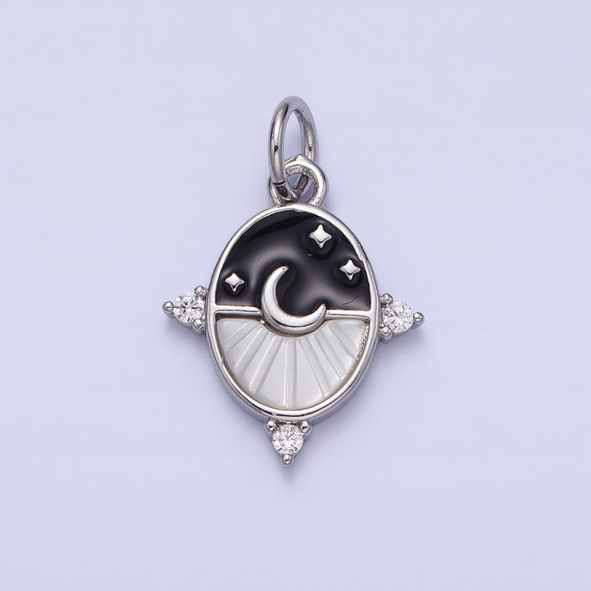 24K Gold Filled Black, Blue Enamel Shell Pearl Crescent Moon CZ Oval Celestial Charm in Silver & Gold | AC381 - AC384