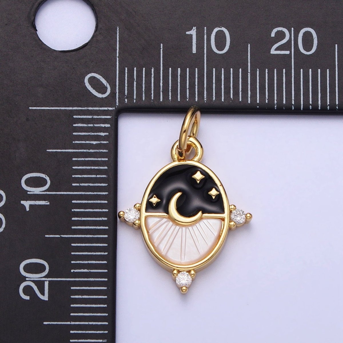 24K Gold Filled Black, Blue Enamel Shell Pearl Crescent Moon CZ Oval Celestial Charm in Silver & Gold | AC381 - AC384