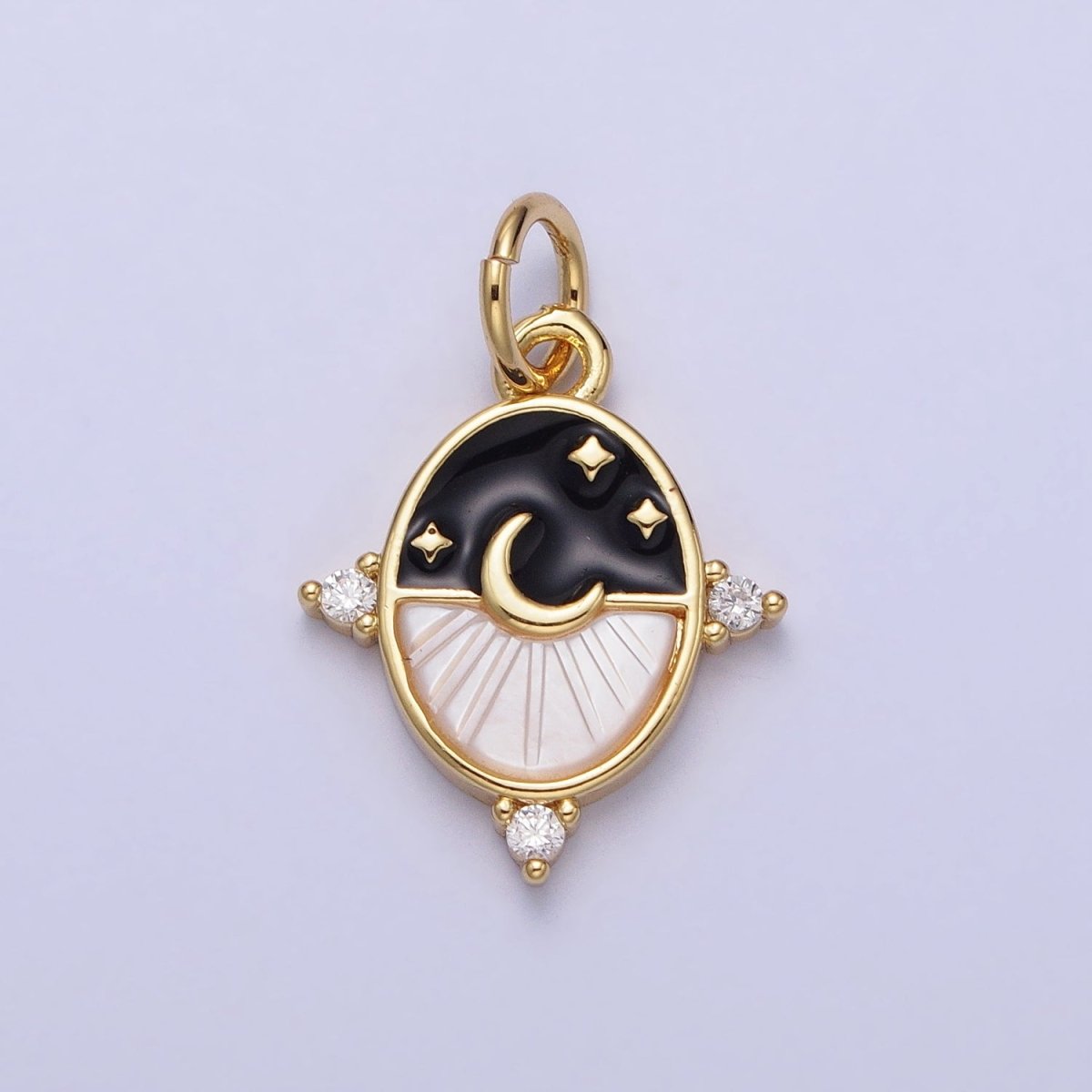 24K Gold Filled Black, Blue Enamel Shell Pearl Crescent Moon CZ Oval Celestial Charm in Silver & Gold | AC381 - AC384