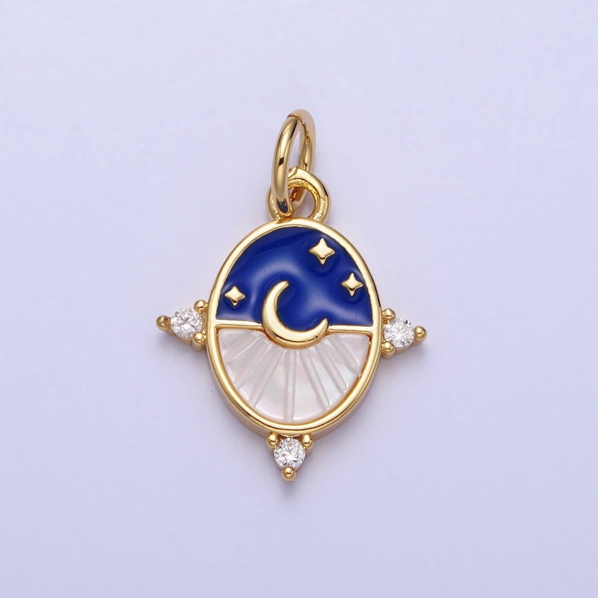 24K Gold Filled Black, Blue Enamel Shell Pearl Crescent Moon CZ Oval Celestial Charm in Silver & Gold | AC381 - AC384