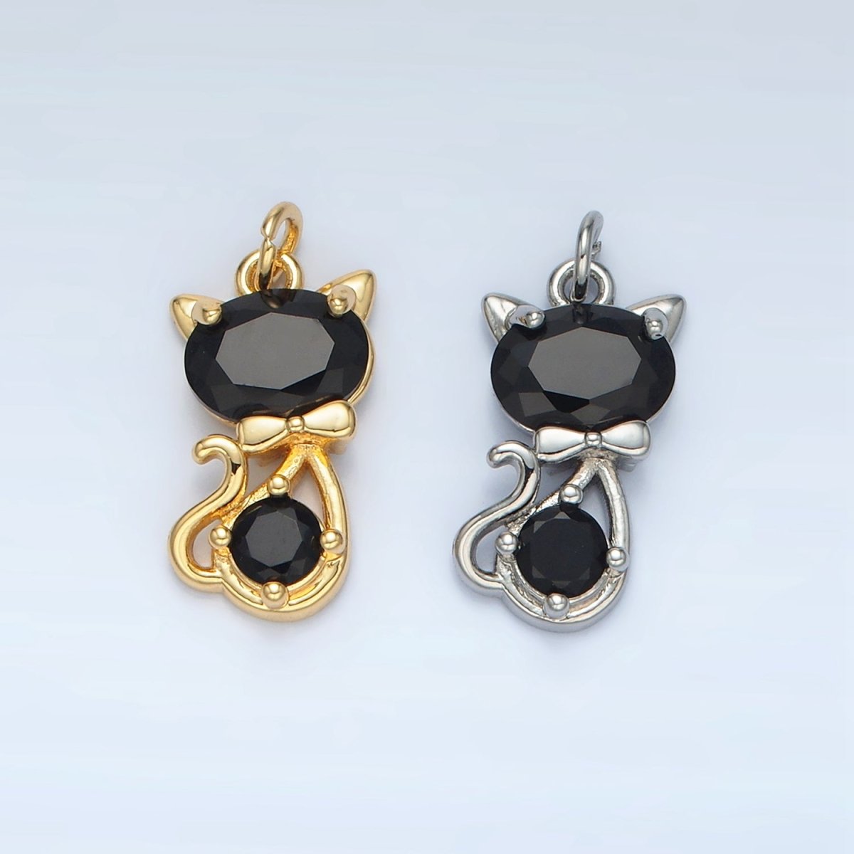 24K Gold Filled Black CZ Bow Tied Kitty Cat Animal Charm in Gold & Silver | X309
