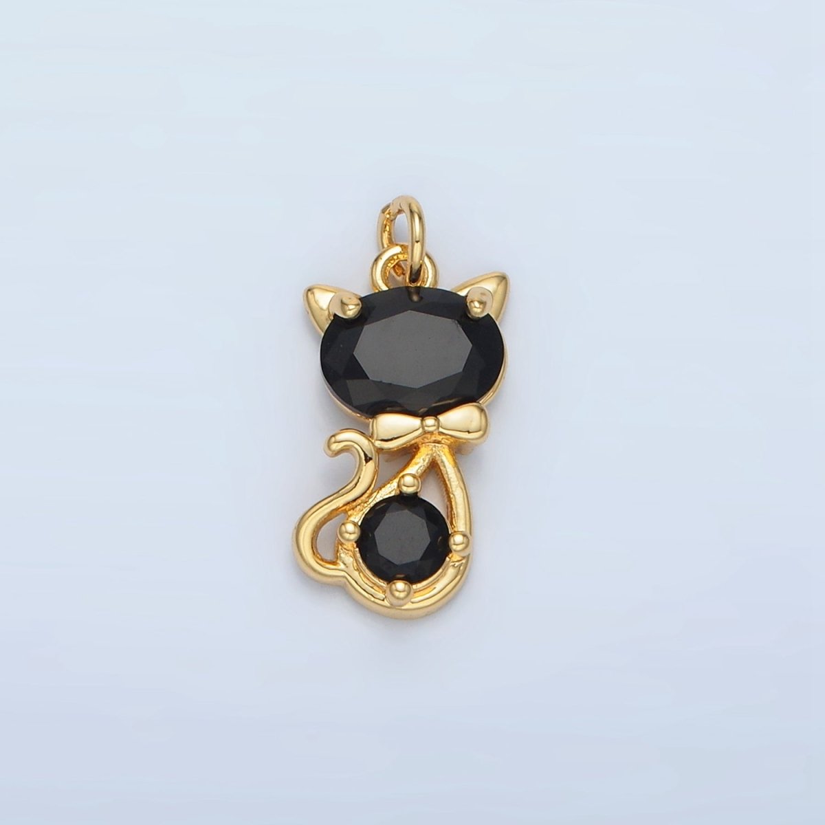 24K Gold Filled Black CZ Bow Tied Kitty Cat Animal Charm in Gold & Silver | X309