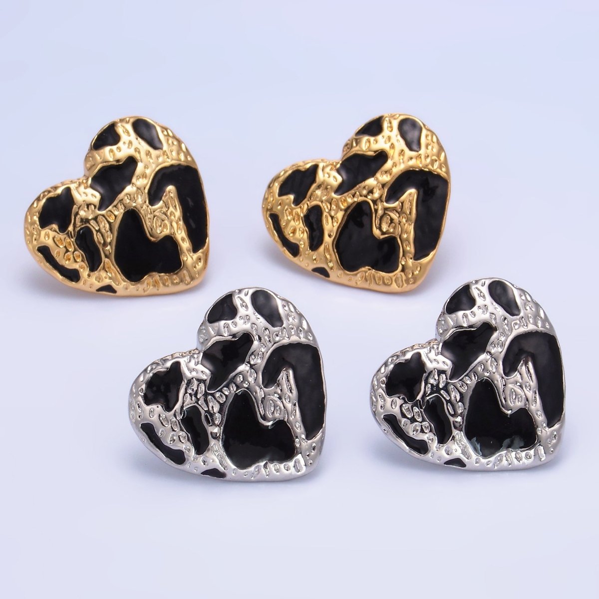 24K Gold Filled Black Enamel Cheetah Textured Heart Stud Earrings in Gold & Silver | AB1496 AB1549