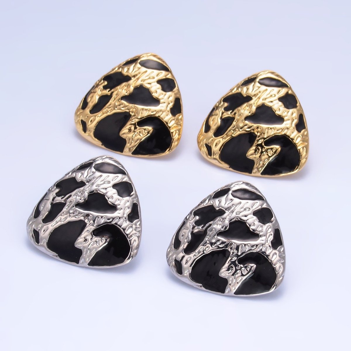 24K Gold Filled Black Enamel Cheetah Textured Triangle Stud Earrings in Gold & Silver | AB1420 AB1419