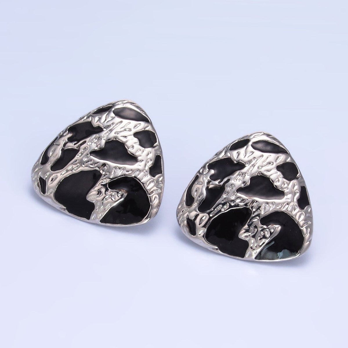 24K Gold Filled Black Enamel Cheetah Textured Triangle Stud Earrings in Gold & Silver | AB1420 AB1419