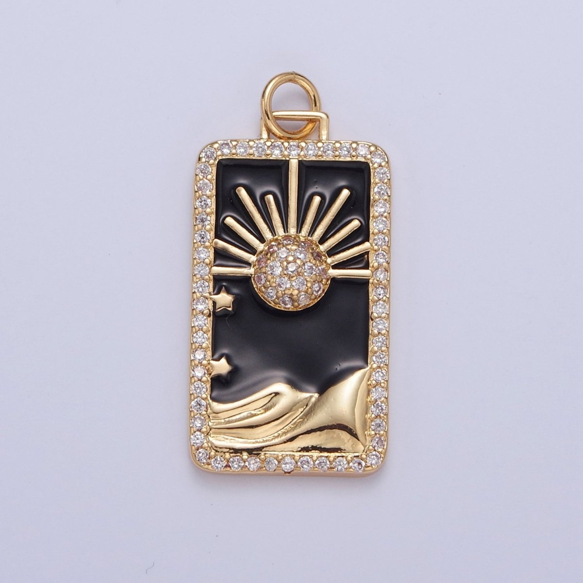 24K Gold Filled Black Enamel Tarot Card Charm, Micro Pave Celestial Eclipse Mountain Tag Charm Pendant | X-807 - DLUXCA