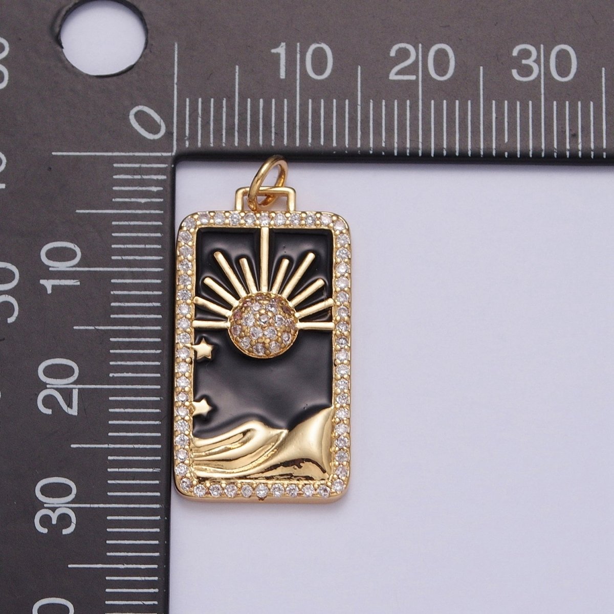 24K Gold Filled Black Enamel Tarot Card Charm, Micro Pave Celestial Eclipse Mountain Tag Charm Pendant | X-807 - DLUXCA