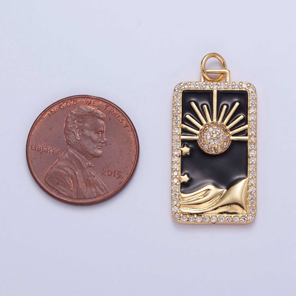 24K Gold Filled Black Enamel Tarot Card Charm, Micro Pave Celestial Eclipse Mountain Tag Charm Pendant | X-807 - DLUXCA