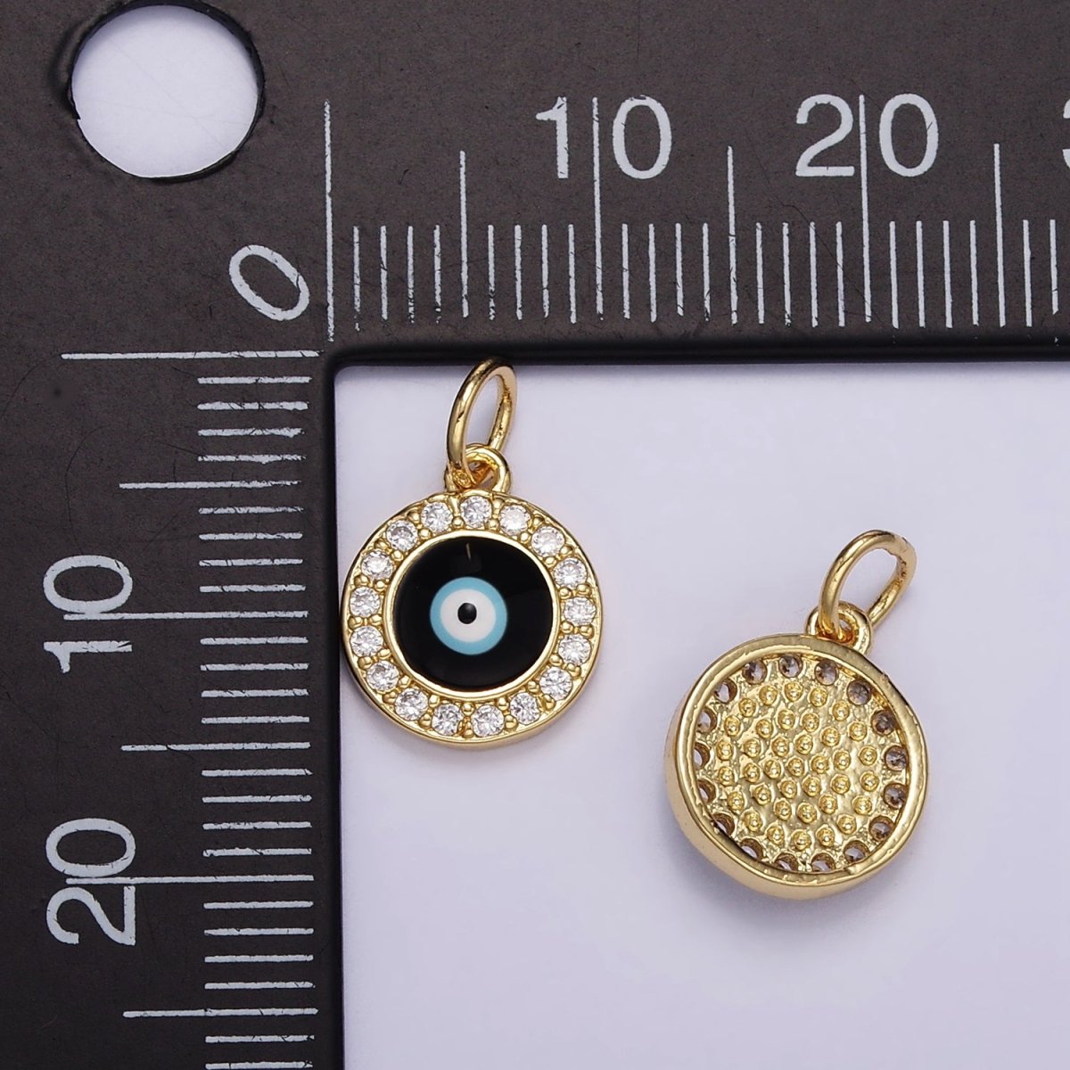 24K Gold Filled Black Evil Eye Enamel Micro Paved CZ Round Charm | M109 - DLUXCA