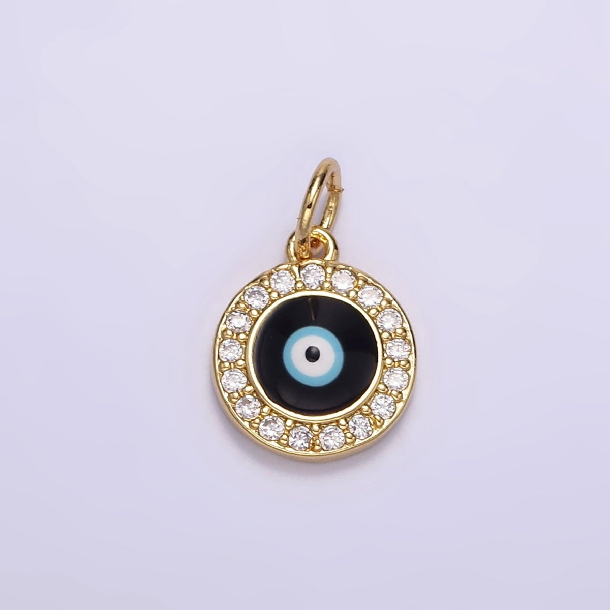 24K Gold Filled Black Evil Eye Enamel Micro Paved CZ Round Charm | M109 - DLUXCA