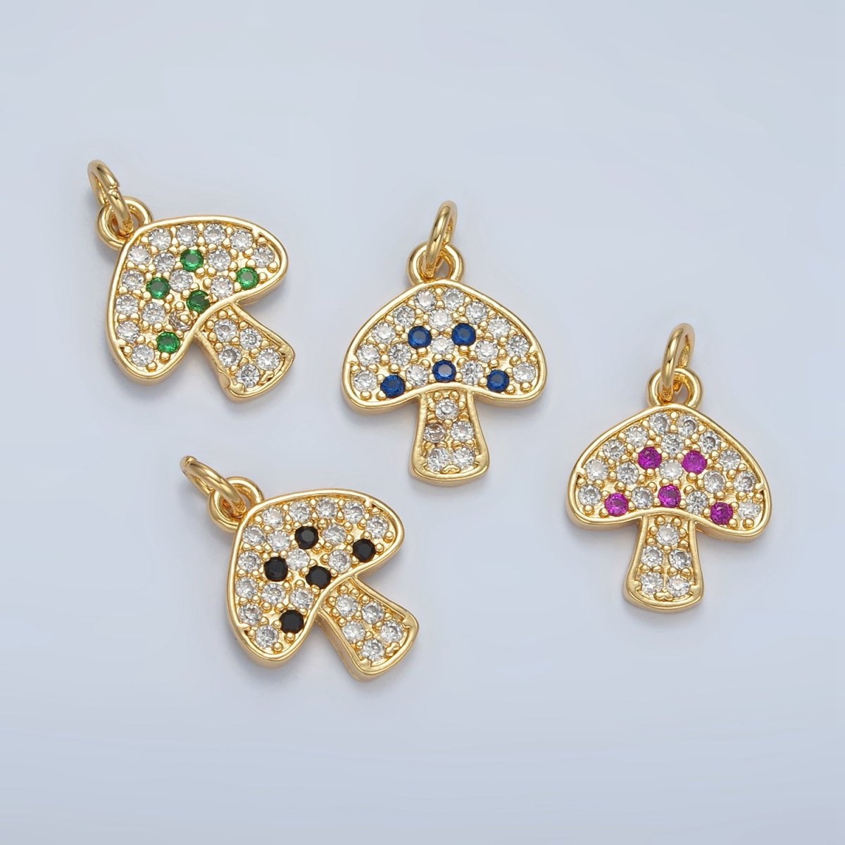 24K Gold Filled Black, Fuchsia, Blue, Green Micro Paved CZ Mushroom Charm | AG852 AG853