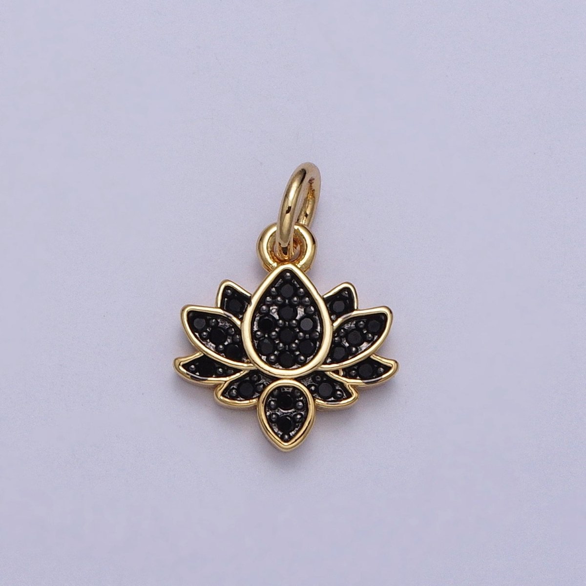 24K Gold Filled Black Micro Paved CZ Lotus Flower Charm | C-886 - DLUXCA