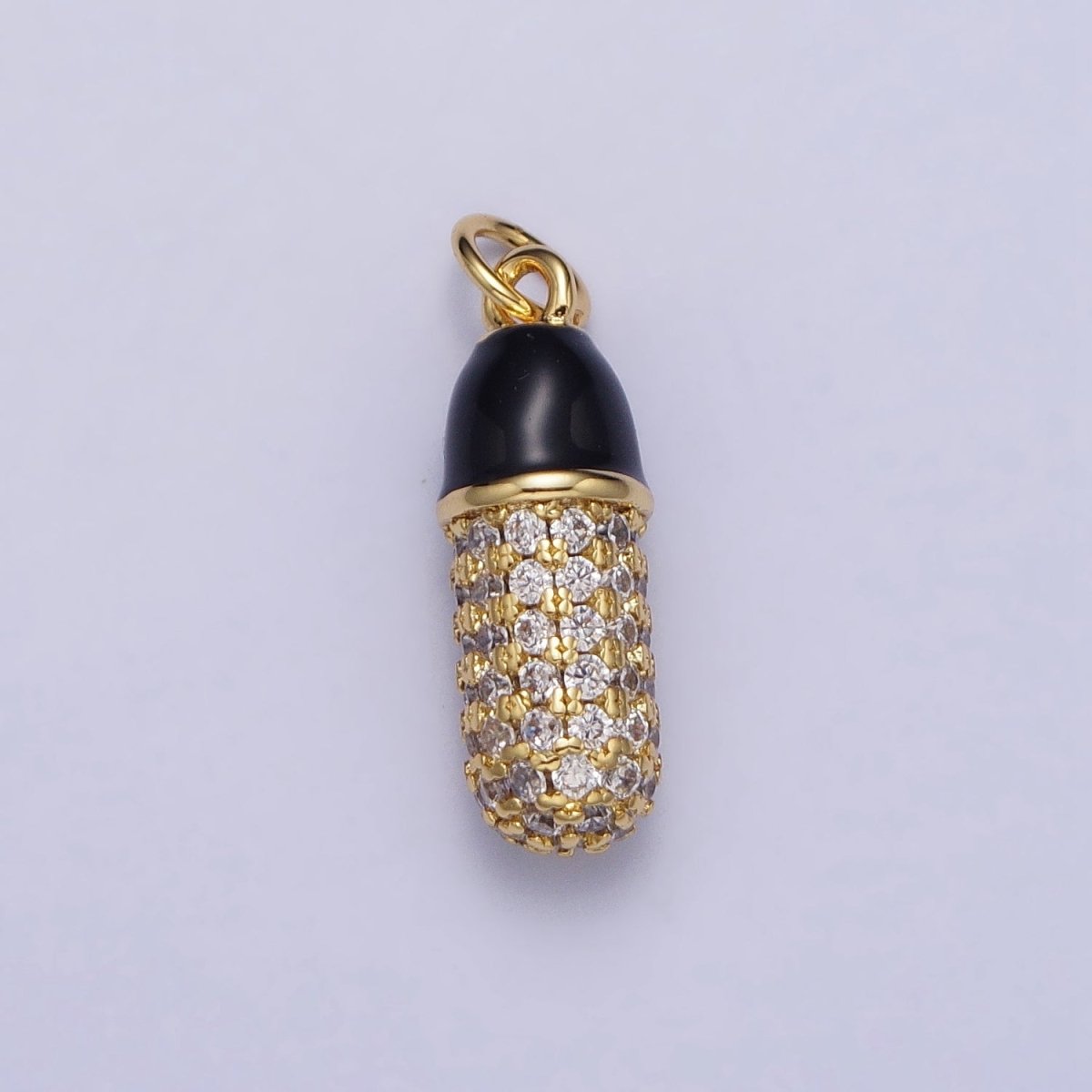 24K Gold Filled Black, White Enamel Micro Paved CZ Pill Oblong Add-On Charm in Silver & Gold | AC402 - AC405