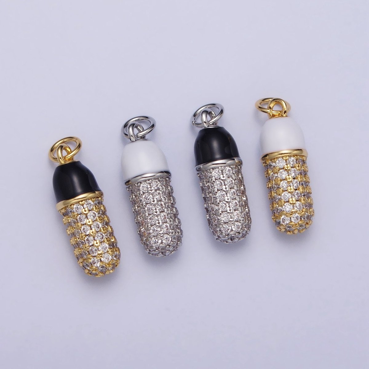 24K Gold Filled Black, White Enamel Micro Paved CZ Pill Oblong Add-On Charm in Silver & Gold | AC402 - AC405