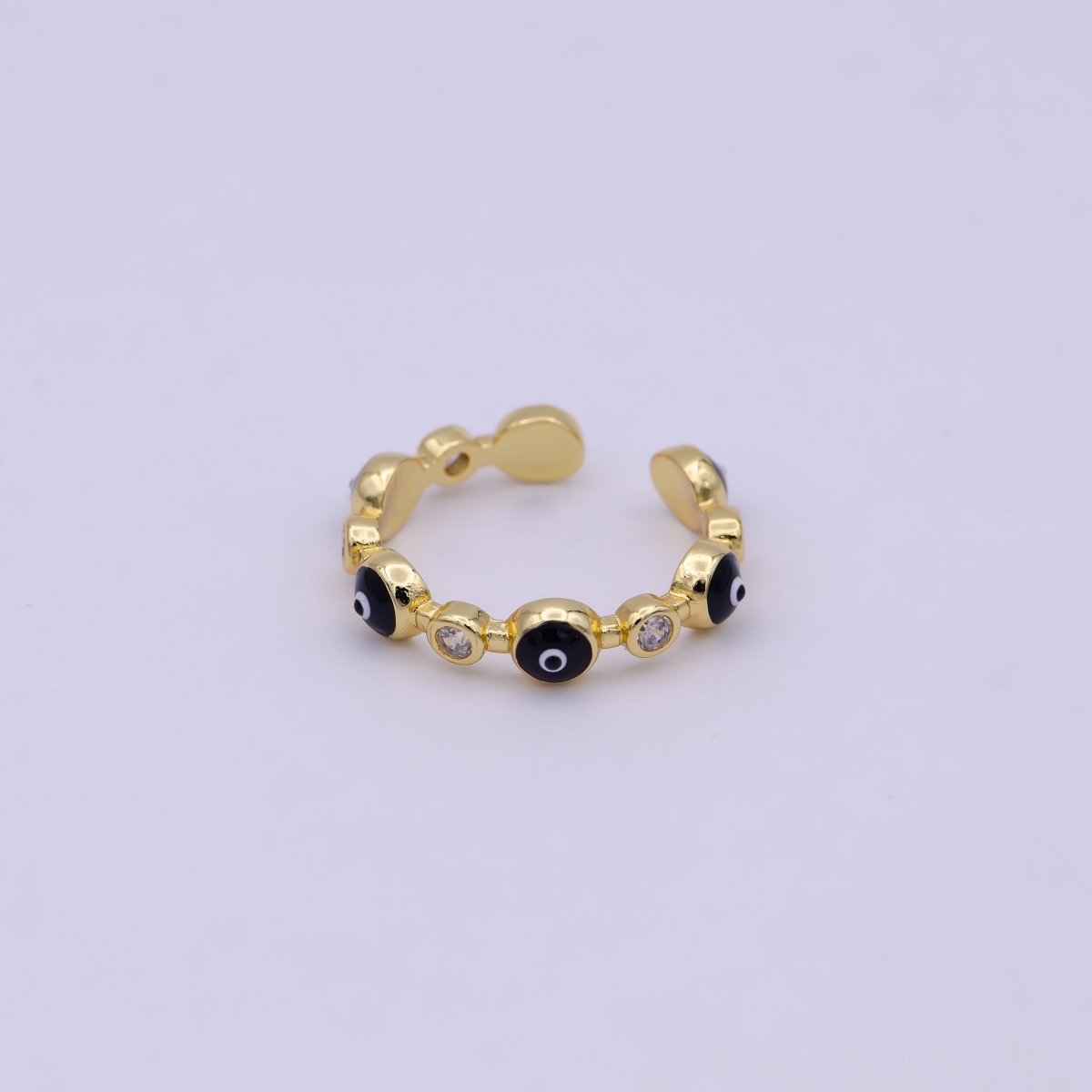 24K Gold Filled Black White Navy Blue Enamel Evil Eye Crystal Zirconia CZ Adjustable Ring | U-398