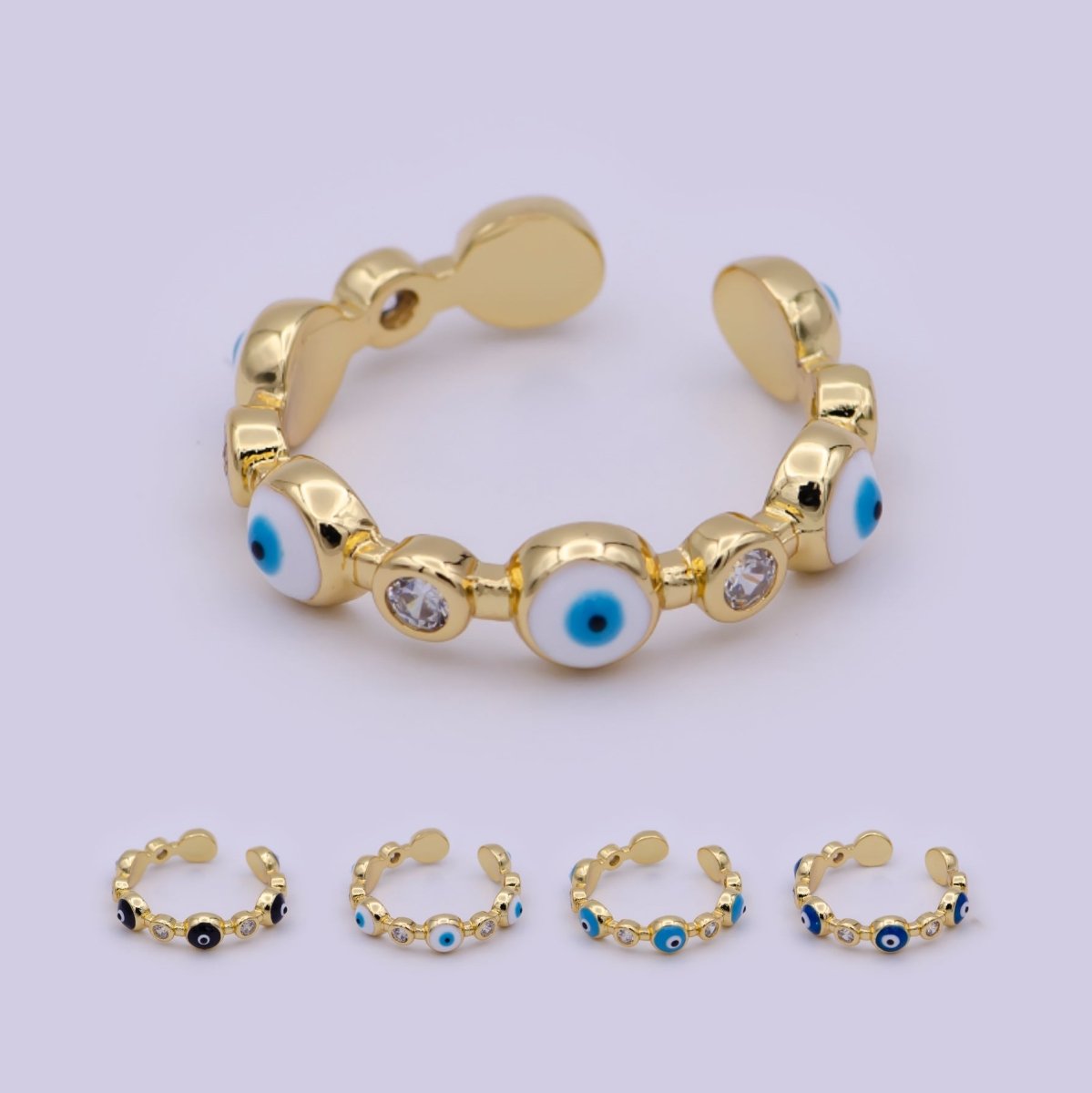 24K Gold Filled Black White Navy Blue Enamel Evil Eye Crystal Zirconia CZ Adjustable Ring | U-398