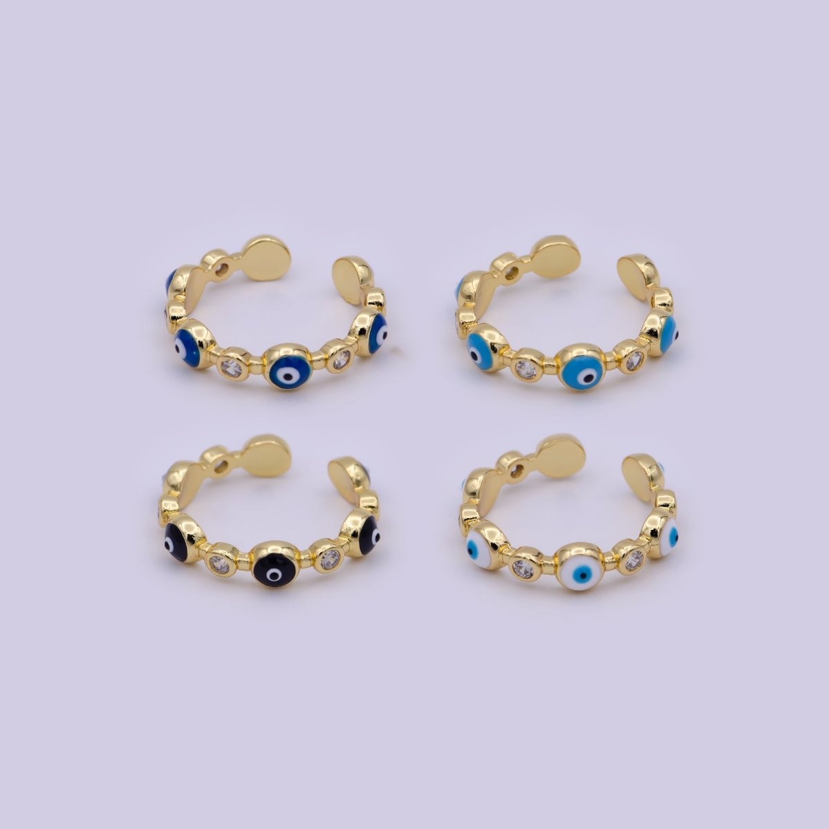 24K Gold Filled Black White Navy Blue Enamel Evil Eye Crystal Zirconia CZ Adjustable Ring | U-398
