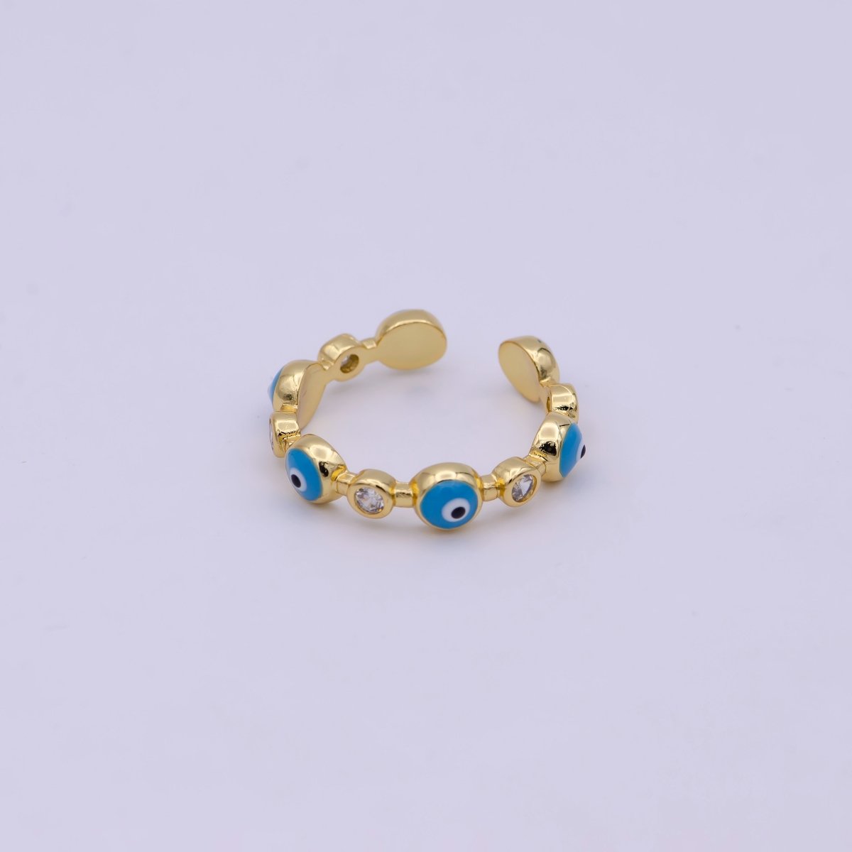 24K Gold Filled Black White Navy Blue Enamel Evil Eye Crystal Zirconia CZ Adjustable Ring | U-398