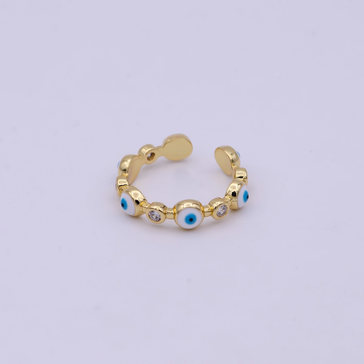 24K Gold Filled Black White Navy Blue Enamel Evil Eye Crystal Zirconia CZ Adjustable Ring | U-398