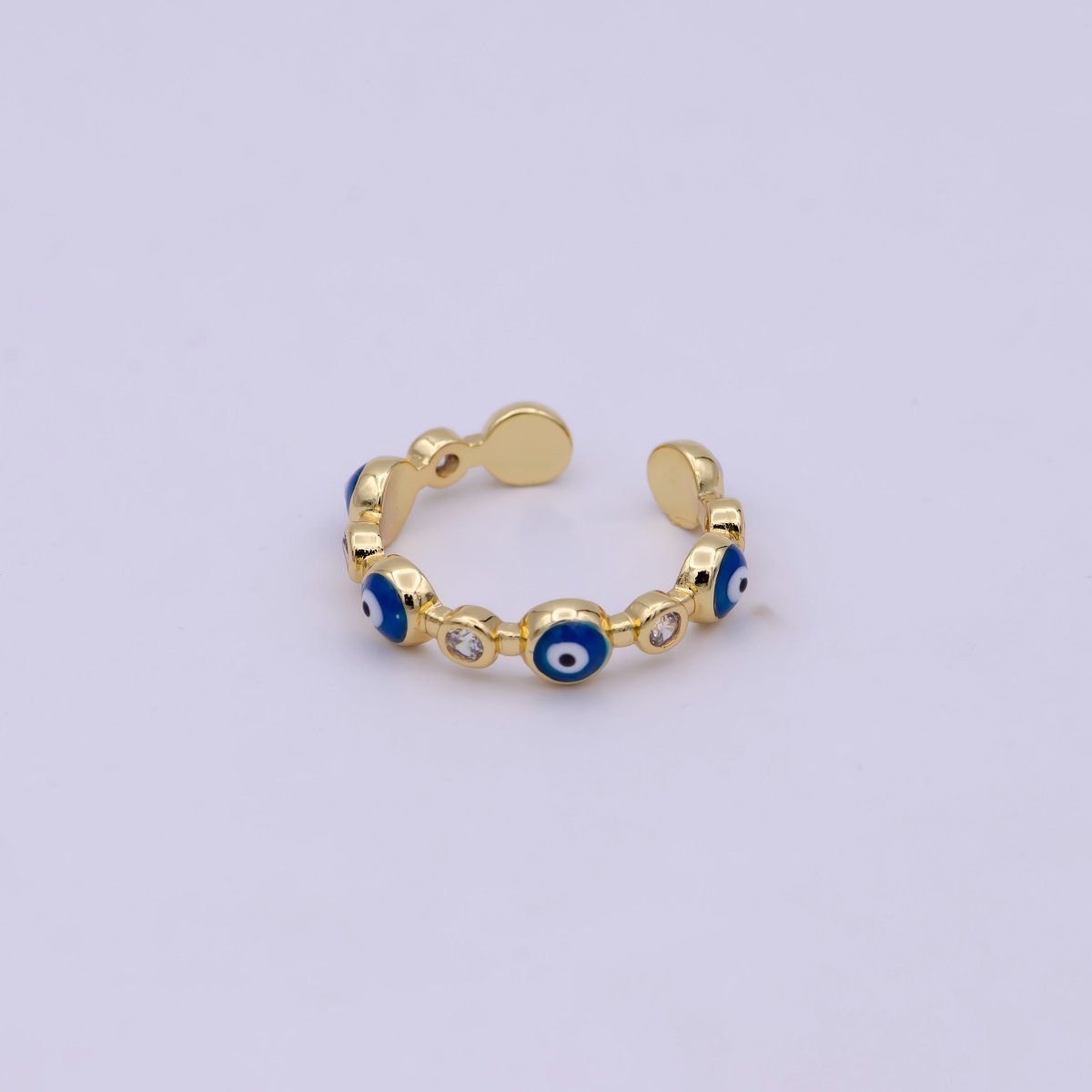 24K Gold Filled Black White Navy Blue Enamel Evil Eye Crystal Zirconia CZ Adjustable Ring | U-398