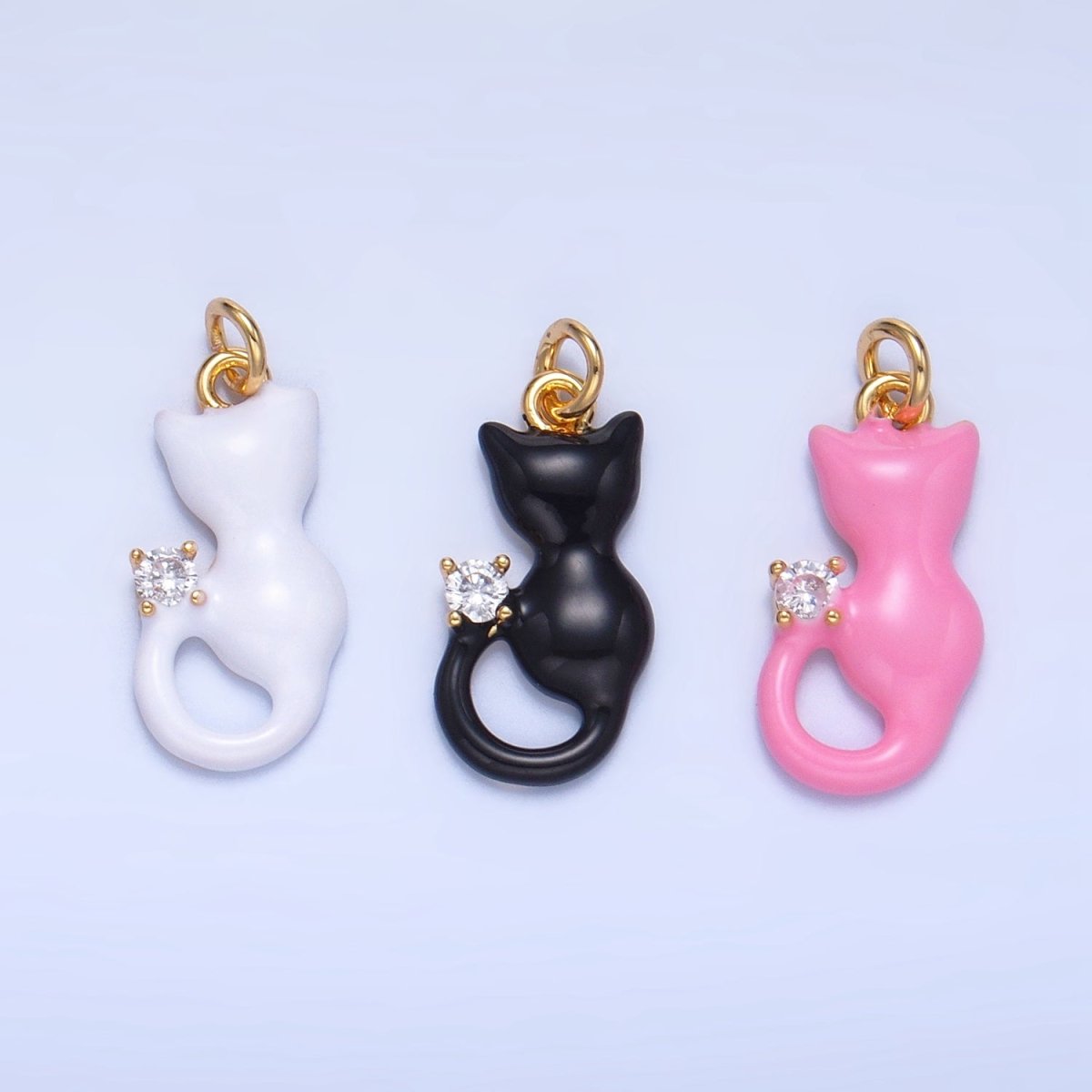 24K Gold Filled Black, White, Pink Enamel CZ Kitten Cat Pet Animal Charm | W009 - W010
