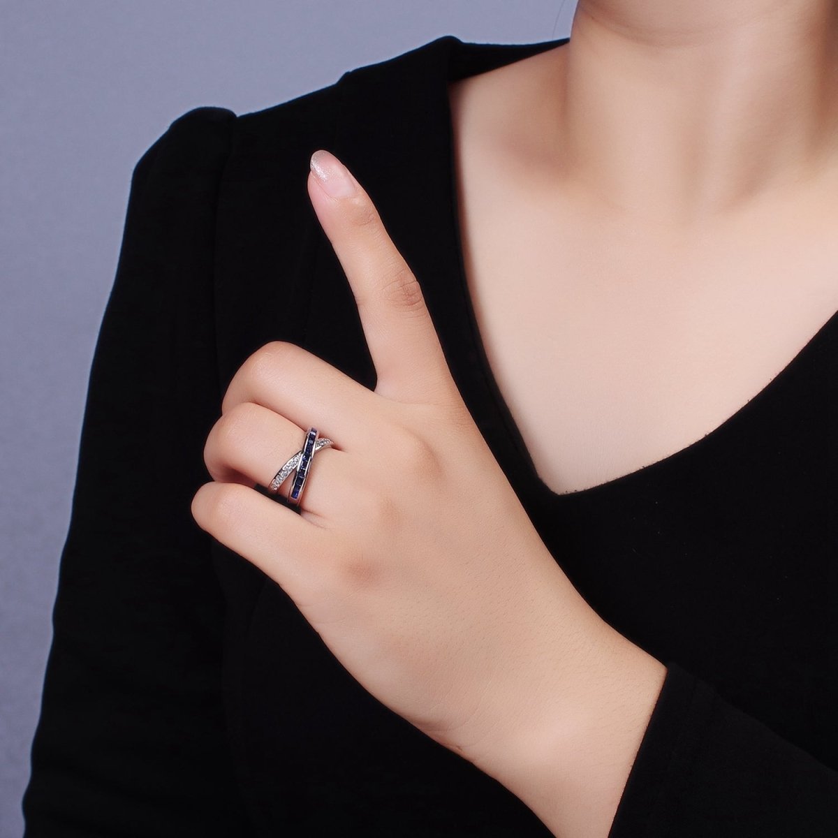 24K Gold Filled Blue Baguette Lined Micro Paved CZ Cross X Double Band Ring in Gold & Silver | O-631 O-632