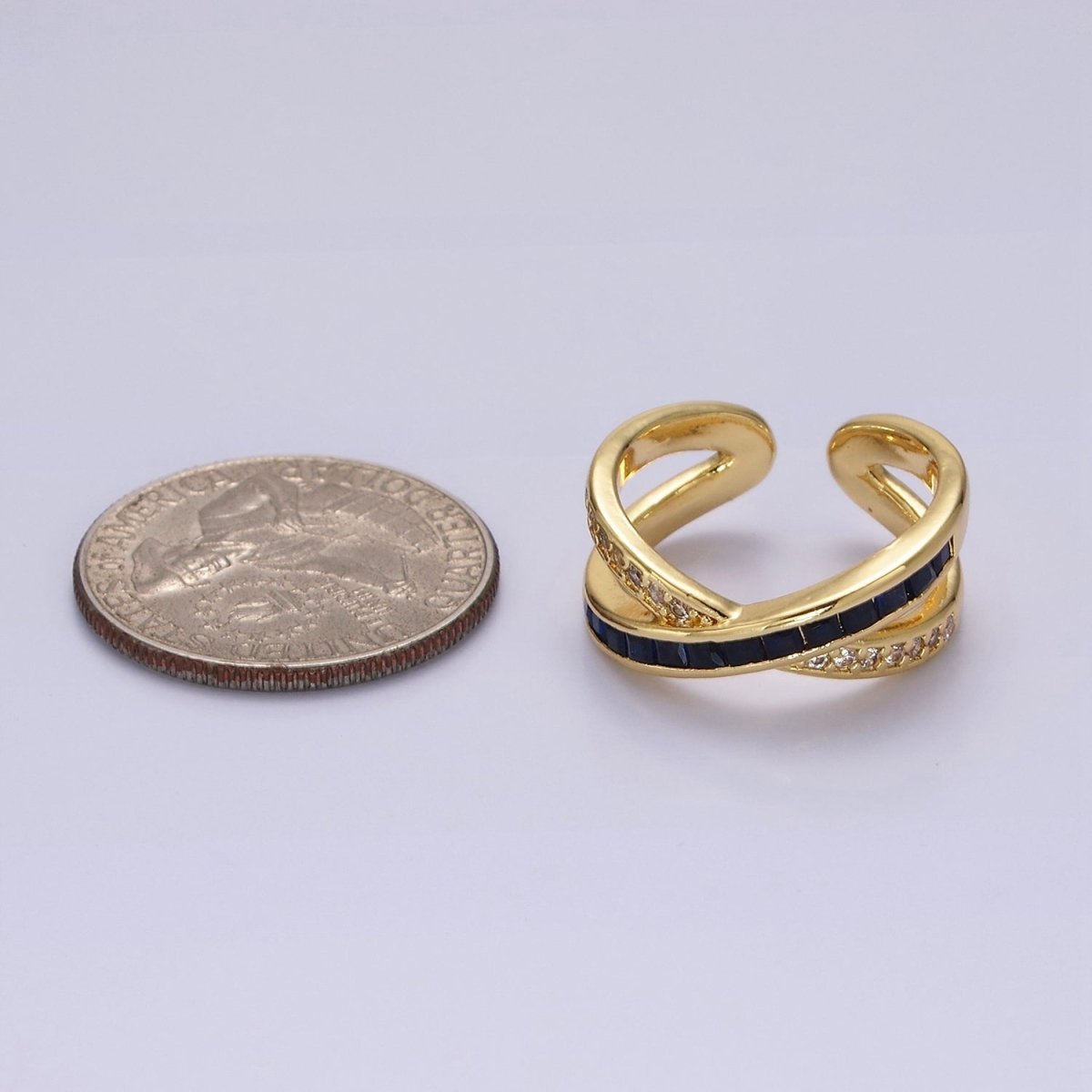 24K Gold Filled Blue Baguette Lined Micro Paved CZ Cross X Double Band Ring in Gold & Silver | O-631 O-632