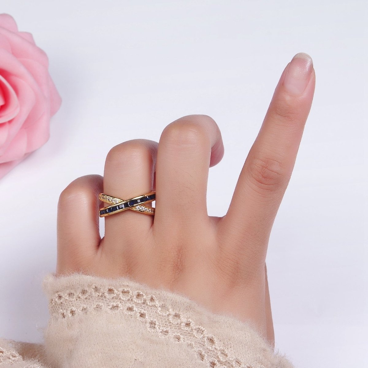 24K Gold Filled Blue Baguette Lined Micro Paved CZ Cross X Double Band Ring in Gold & Silver | O-631 O-632