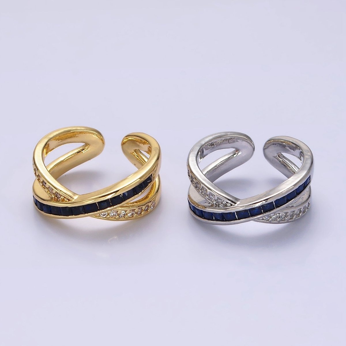 24K Gold Filled Blue Baguette Lined Micro Paved CZ Cross X Double Band Ring in Gold & Silver | O-631 O-632