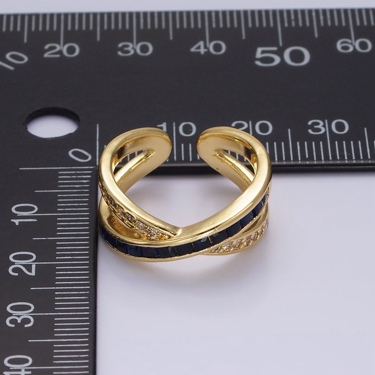 24K Gold Filled Blue Baguette Lined Micro Paved CZ Cross X Double Band Ring in Gold & Silver | O-631 O-632