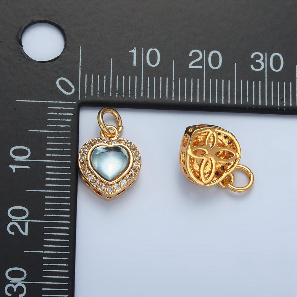 24K Gold Filled Blue CZ Micro Paved CZ Heart Charm in Gold & Silver | M867